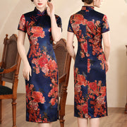 Buddha Stones Retro Flower Lotus Peony Feather Print Qipao Dress Women's Cheongsam Dress (Extra 30% Off | USE CODE: FS30) - Navy Blue Peony - Size Chart - image 1