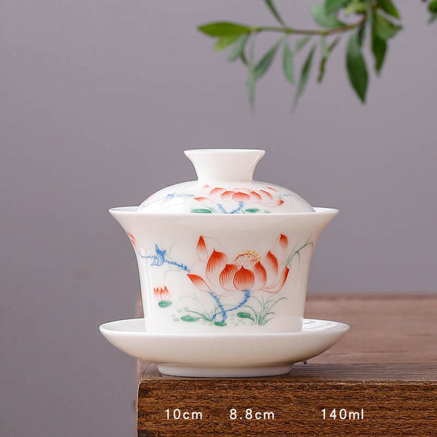 Buddha Stones White Porcelain Mountain Landscape Countryside Ceramic Gaiwan Teacup Kung Fu Tea Cup And Saucer With Lid Cup BS Long Cup-Birds and Flowers(8.8cm*10cm*140ml)