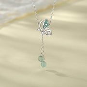 Buddha Stones 925 Sterling Silver Natural Green Aventurine Butterfly Luck Necklace Pendant Earrings Set