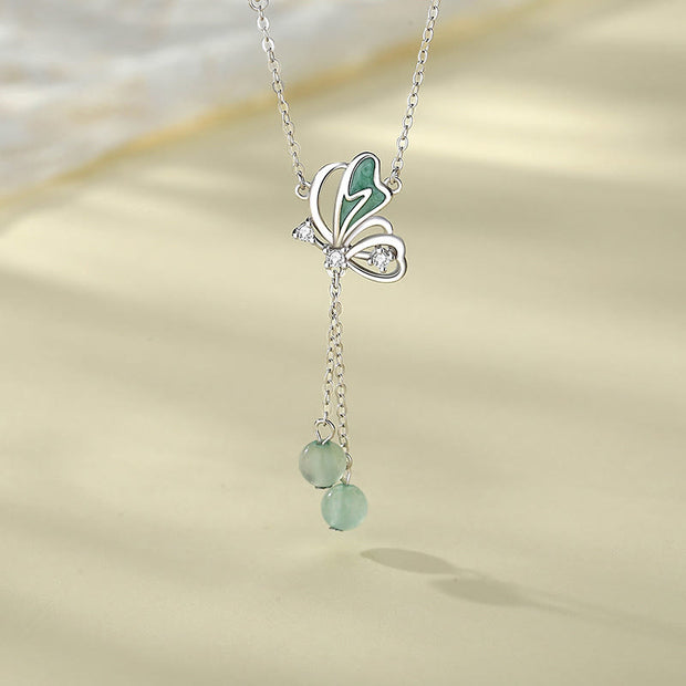 Buddha Stones 925 Sterling Silver Natural Green Aventurine Butterfly Luck Necklace Pendant Earrings Set Bracelet Necklaces & Pendants BS Necklace