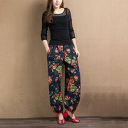 Buddha Stones Ethnic Style Red Green Flowers Print Harem Pants With Pockets Women's Harem Pants BS 26