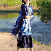 Buddha Stones Blue Batik Shawl Tassels Maple Leaf Cozy Travel Pullover 95*90cm 7