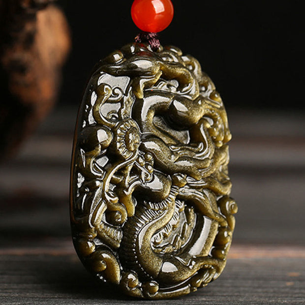 Buddha Stones Gold Sheen Obsidian Dragon Pattern Success Necklace Pendant