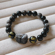 Buddha Stones Natural Silver Sheen Obsidian Black Obsidian Om Mani Padme Hum Pixiu Protection Bracelet