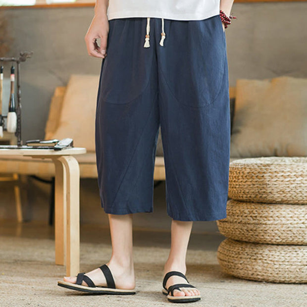 Buddha Stones Solid Color Mid-Length Wide Leg Pants Cotton Men's Wide Leg Pants With Pockets