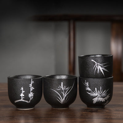 Buddha Stones Hand Painted Lotus Flower Bamboo Chrysanthemum Black Pottery Ceramic Teacup Kung Fu Tea Cup 95ml Cup BS main