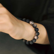 Buddha Stones Natural Silver Sheen Obsidian Lunar Meteorite Protection Bracelet Bracelet BS 6