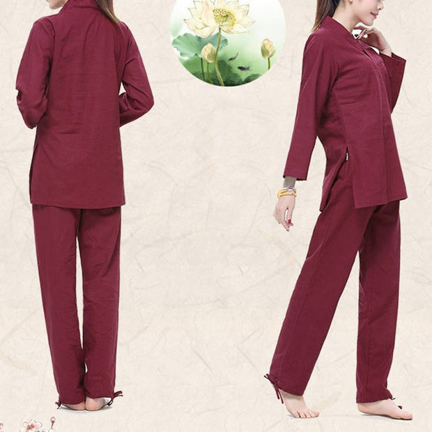 Buddha Stones Zen Practice Yoga Meditation Prayer V-neck Design Uniform Cotton Linen Clothing Women's Set Clothes BS 2
