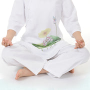 Buddha Stones 2Pcs White Lotus Flower Leaf Half Sleeve Shirt Top Pants Meditation Zen Tai Chi Linen Clothing Women's Set 7