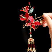 Buddha Stones Classical Chinese Style Red Flower Butterfly Tassel Hair Comb Hairpin