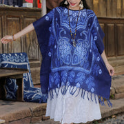 Buddha Stones Blue Tie Dye Koi Fish Shawl Tassels Soft Travel Pullover 90*95cm 2
