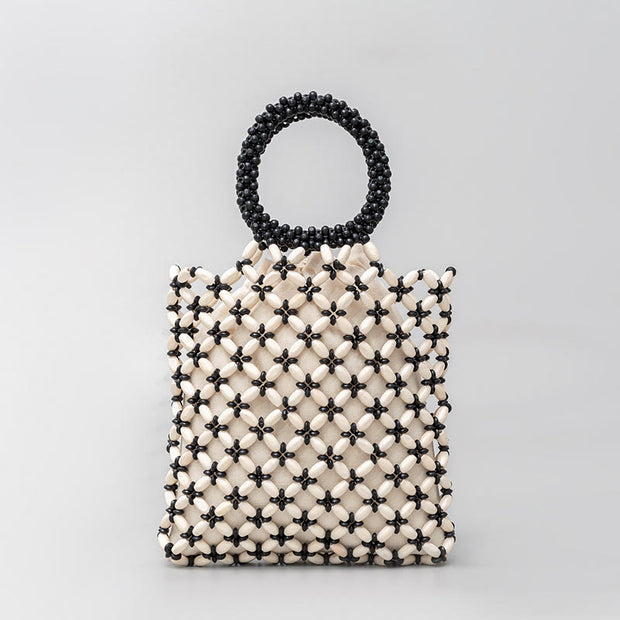 Buddha Stones Hand-woven Lozenge Wooden Beads Handbag Handbags BS White 23*23*2.5cm