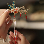 Buddha Stones Classical Chinese Style Flower Branche Butterfly Pearl Tassel Hair Clip Hair Comb Hair Crown