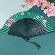 Buddha Stones Cherry Blossom Sakura Camellia Handheld Silk Bamboo Folding Fan 21cm