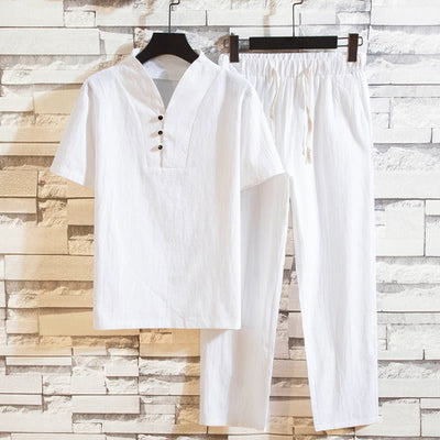 Buddha Stones 2Pcs Solid Color Linen Button Short Sleeve T-shirt Pants Men's Set 2-Piece Outfit BS White 5XL(Fit for USUK/AU46; EU56)