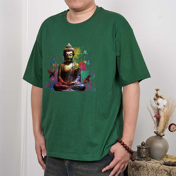 Buddha Stones Colorful Butterfly Flying Meditation Buddha Tee T-shirt