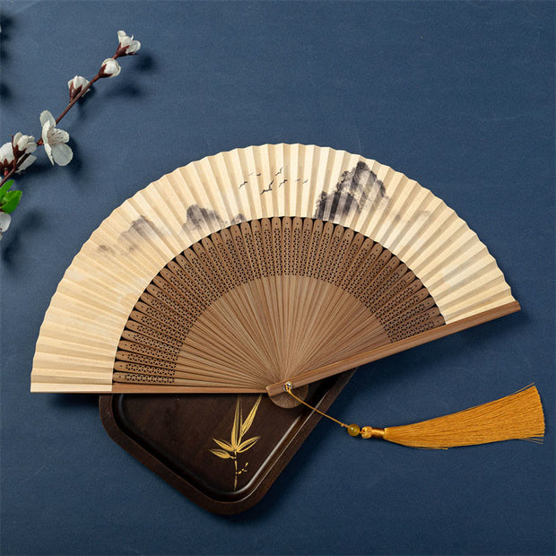 Buddha Stones Lotus Dragonfly Wild Geese Plum Blossom Handheld Silk Bamboo Folding Fan 22.5cm 9