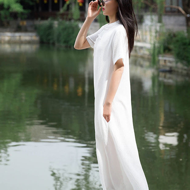 Buddha Stones Frog-Button Midi Dress Cotton Linen Short Sleeve Dress With Pockets