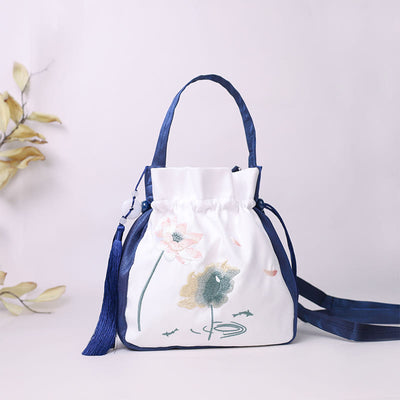 Buddha Stones Embroidered Lotus Koi Fish Crane Camellia Cotton Linen Tote Crossbody Bag Shoulder Bag Handbag