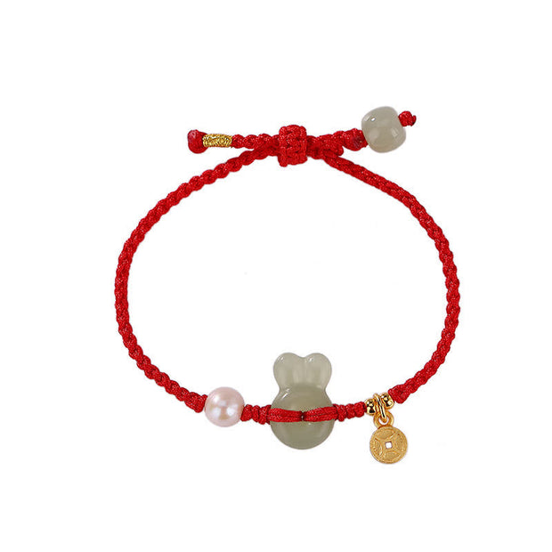 925 Sterling Silver Year of the Rabbit Hetian Jade Copper Coin Wealth Red String Bracelet