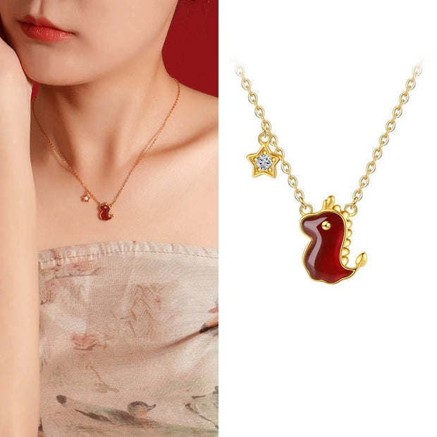 Buddha Stones 925 Sterling Silver Year of the Dragon Red Agate Hetian Jade Cute Dragon Star Protection Necklace Pendant (Extra 30% Off | USE CODE: FS30) Necklaces & Pendants BS 5