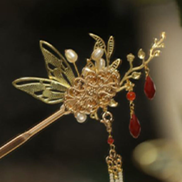 Buddha Stones Classical Chinese Style Flower Branche Butterfly Pearl Tassel Hair Clip Hair Comb Hair Crown