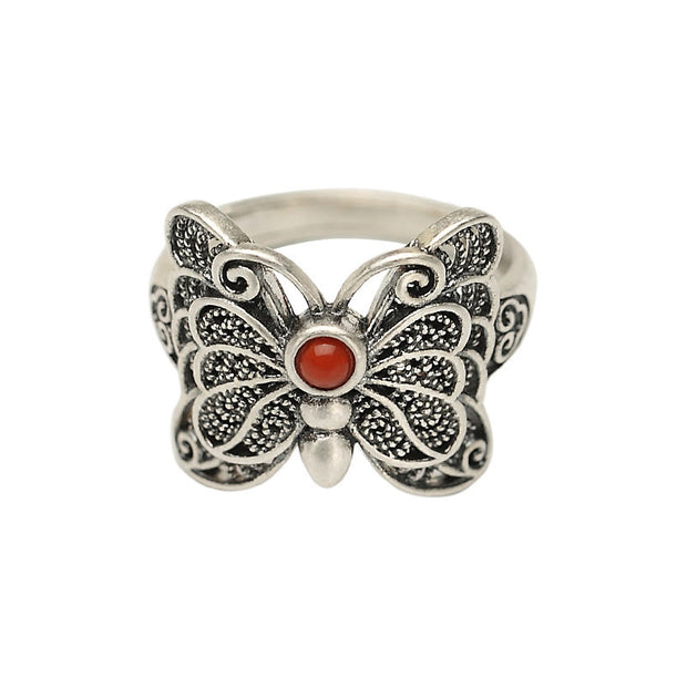 Buddha Stones 925 Sterling Silver Red Agate Butterfly Self-acceptance Ring Earrings Set Bracelet Necklaces & Pendants BS 9