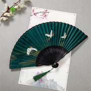 Buddha Stones Flying White Crane Sun Cloud Handheld Silk Bamboo Folding Fan 22cm 8