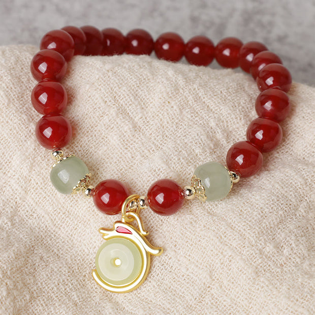 Buddha Stones Year of the Dragon Red Agate Jade Peace Buckle Fu Character Success Bracelet Bracelet BS 1