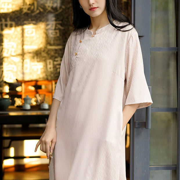 Buddha Stones Plain Pattern Half Sleeve Chinese Cheongsam Midi Dress With Pockets
