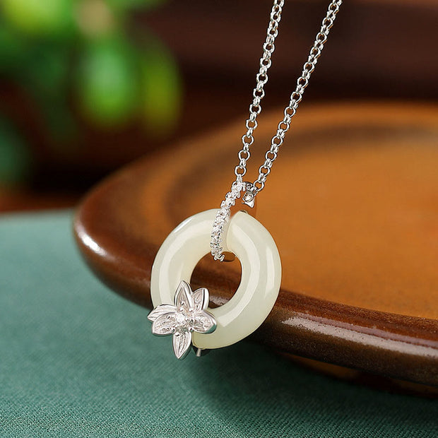 Buddha Stones 925 Sterling Silver Hetian Jade Peace Buckle Flower Luck Necklaces Pendants
