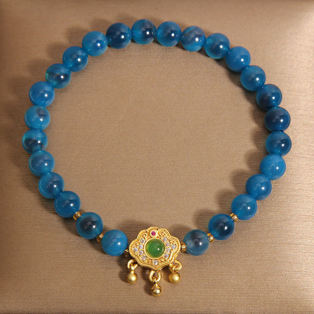 Buddha Stones Blue Candy Agate Chinese Lock Charm Healing Bracelet