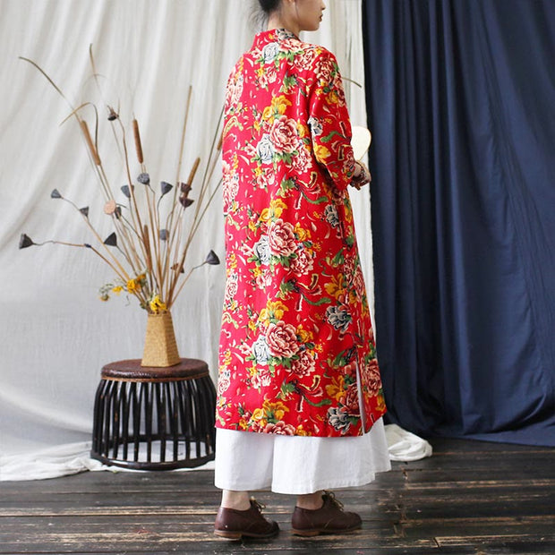 Buddha Stones Red Blue Peony Midi Dress Half Sleeve Cotton Linen Dress Wide Leg Pants With Pockets