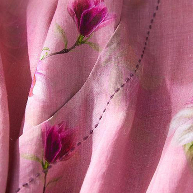 Buddha Stones Pink Flowers Branch Ramie Linen Long Sleeve Tee T-shirt