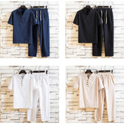 Buddha Stones 2Pcs Solid Color Linen Button Short Sleeve T-shirt Pants Men's Set 2-Piece Outfit BS 14