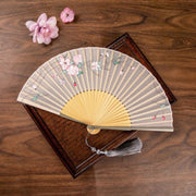 Buddha Stones Jasmine Lotus Begonia Flowers Handheld Bamboo Folding Fan (Extra 30% Off | USE CODE: FS30) - Beige Begonia Flowers - image 9