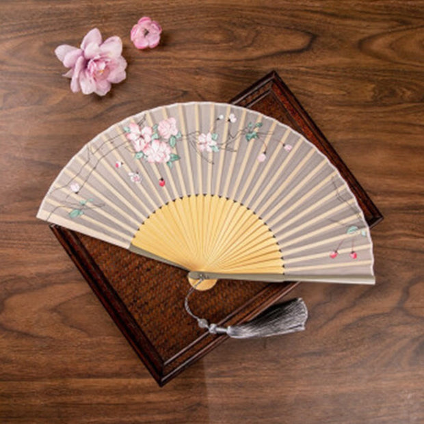 Buddha Stones Jasmine Lotus Begonia Flowers Handheld Bamboo Folding Fan (Extra 30% Off | USE CODE: FS30) - Beige Begonia Flowers - image 9