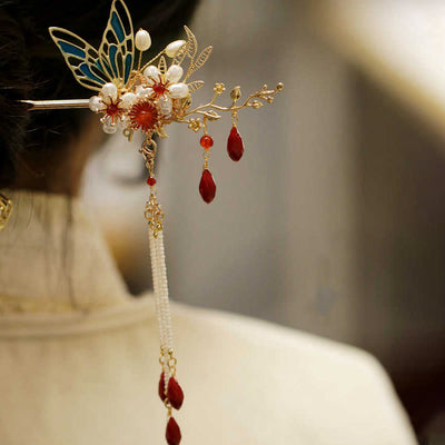 Buddha Stones Classical Chinese Style Flower Branche Butterfly Pearl Tassel Hair Clip Hair Comb Hair Crown