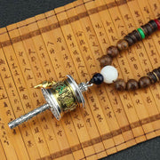 Buddha Stones Tibetan Om Mani Padme Hum Prayer Wheel Rotation Vajra Wood Necklace Pendant