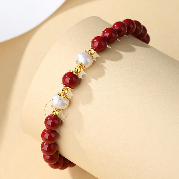 Buddha Stones 925 Sterling Silver Natural Cinnabar Pearl Blessing Necklace Pendant Bracelet Earrings Jewelry Set