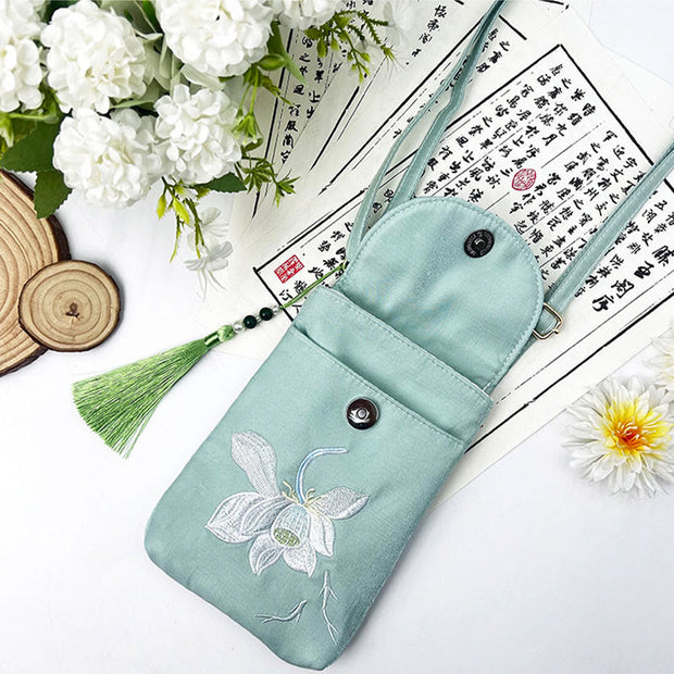 Buddha Stones Small Embroidered Flowers Crossbody Bag Shoulder Bag Double Layer Cellphone Bag Crossbody Bag BS 30