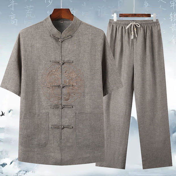 Buddha Stones Dragon Embroidery Pattern Tang Suit Short Sleeve Shirt Pants Men's Set Men's Meditation Cloth BS Gray(Top&Pants) 3XL(Bust 124cm/Waist 122cm/Hips 124cm)