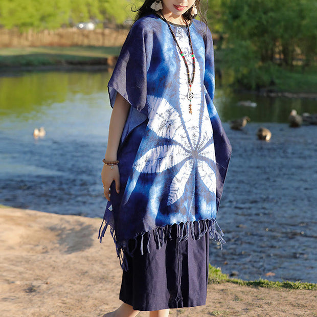 Buddha Stones Blue Batik Shawl Tassels Maple Leaf Cozy Travel Pullover 95*90cm 8