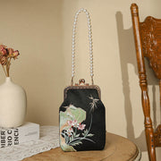 Buddha Stones Mountain Stone Orchid Pattern Pearl Chain Crossbody Bag Handbag Crossbody Bag&Handbags BS Black 12*5*18cm