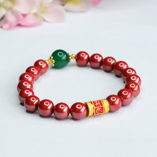 Buddha Stones Natural Cinnabar Green Agate Om Mani Padme Hum Pattern Blessing Bracelet Bracelet BS 7