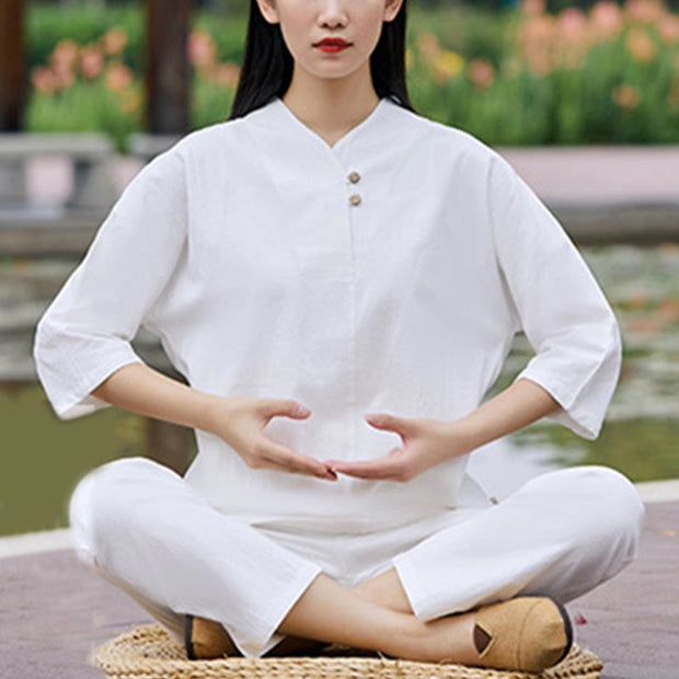 Buddha Stones 2Pcs Shirt Top Pants Meditation Zen Tai Chi Cotton Linen Clothing Women's Set Women's Meditation Cloth BS 2