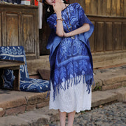 Buddha Stones Blue Tie Dye Koi Fish Shawl Tassels Soft Travel Pullover 90*95cm 7