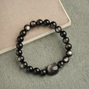 Buddha Stones Gold Sheen Obsidian Silver Sheen Obsidian Lovely Paw Lucky Cat Protection Bracelet