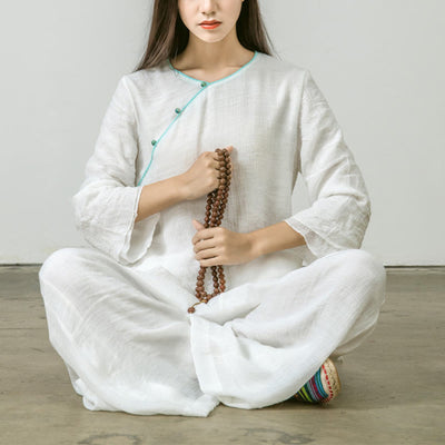 Buddha Stones 2Pcs Tang Suit Shirt Top Pants Meditation Zen Tai Chi Tencel Clothing Women's Set Women's Meditation Cloth BS White(Top&Pants) XL(Bust 108cm/Waist 70-104cm/Hips 108cm)
