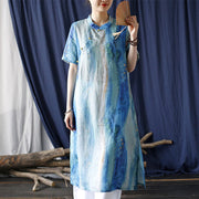 Buddha Stones Ramie Blue Digital Printing Cheongsam Dresses Short Sleeve Linen Dress 12